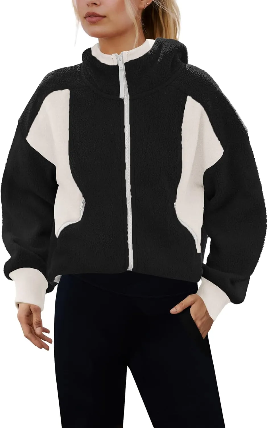 Panadila Womens Fuzzy Fleece Jacket Zip Up Oversized Hoodie Sherpa Warm Coats Color Block Top Outerwear with Pockets