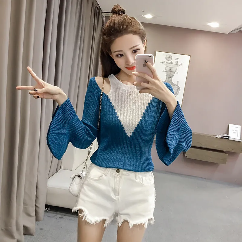 Patchwork Long Trumpet Sleeves Bear Shoulder Sweater