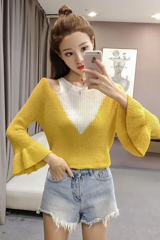 Patchwork Long Trumpet Sleeves Bear Shoulder Sweater
