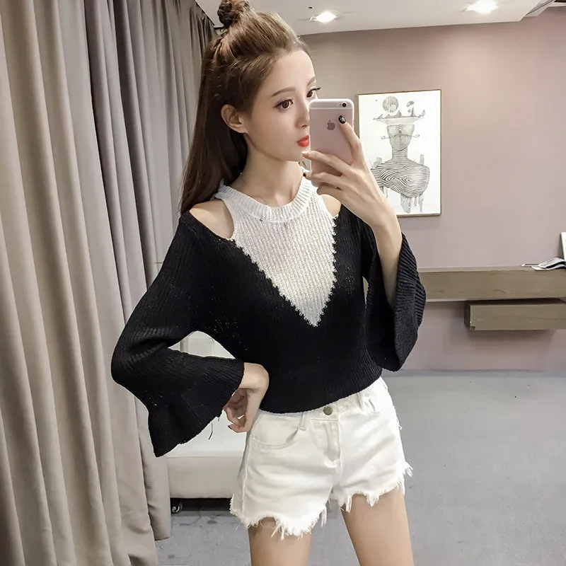 Patchwork Long Trumpet Sleeves Bear Shoulder Sweater