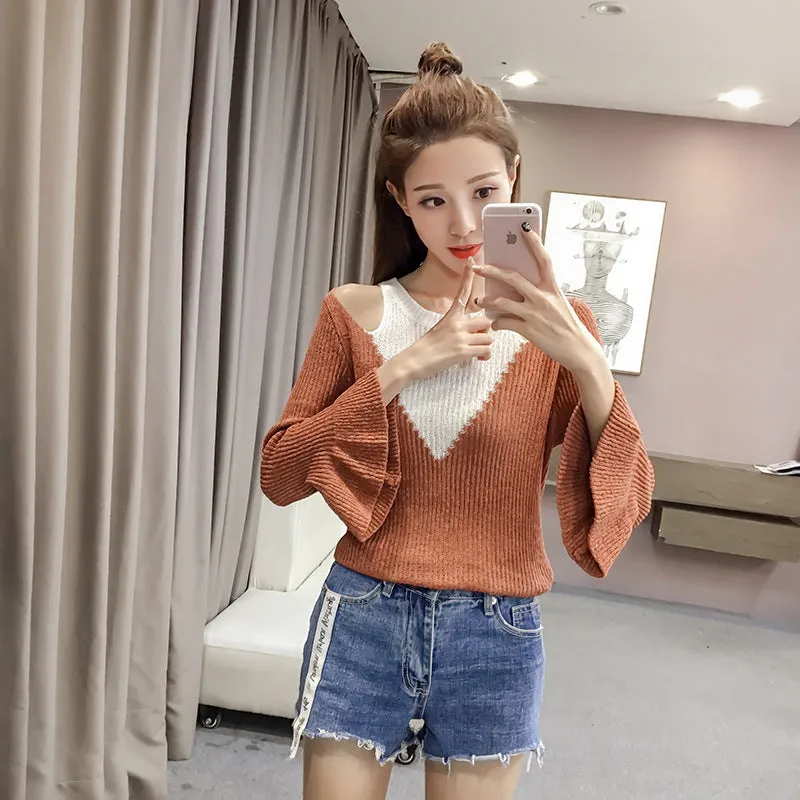 Patchwork Long Trumpet Sleeves Bear Shoulder Sweater
