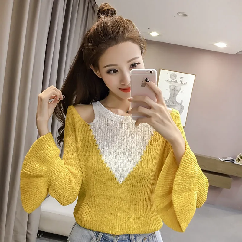 Patchwork Long Trumpet Sleeves Bear Shoulder Sweater