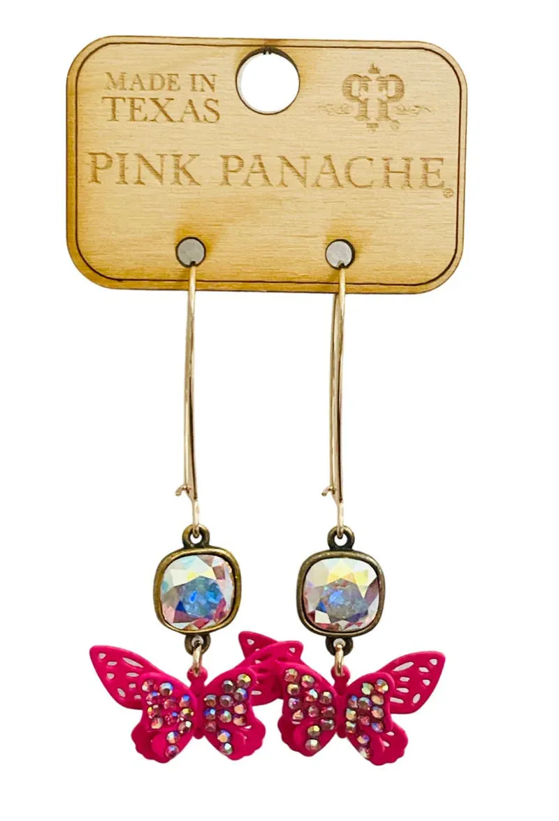 Pink Panache Rhinestone Butterfly Earrings  Green & Pink