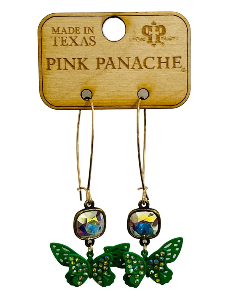 Pink Panache Rhinestone Butterfly Earrings  Green & Pink