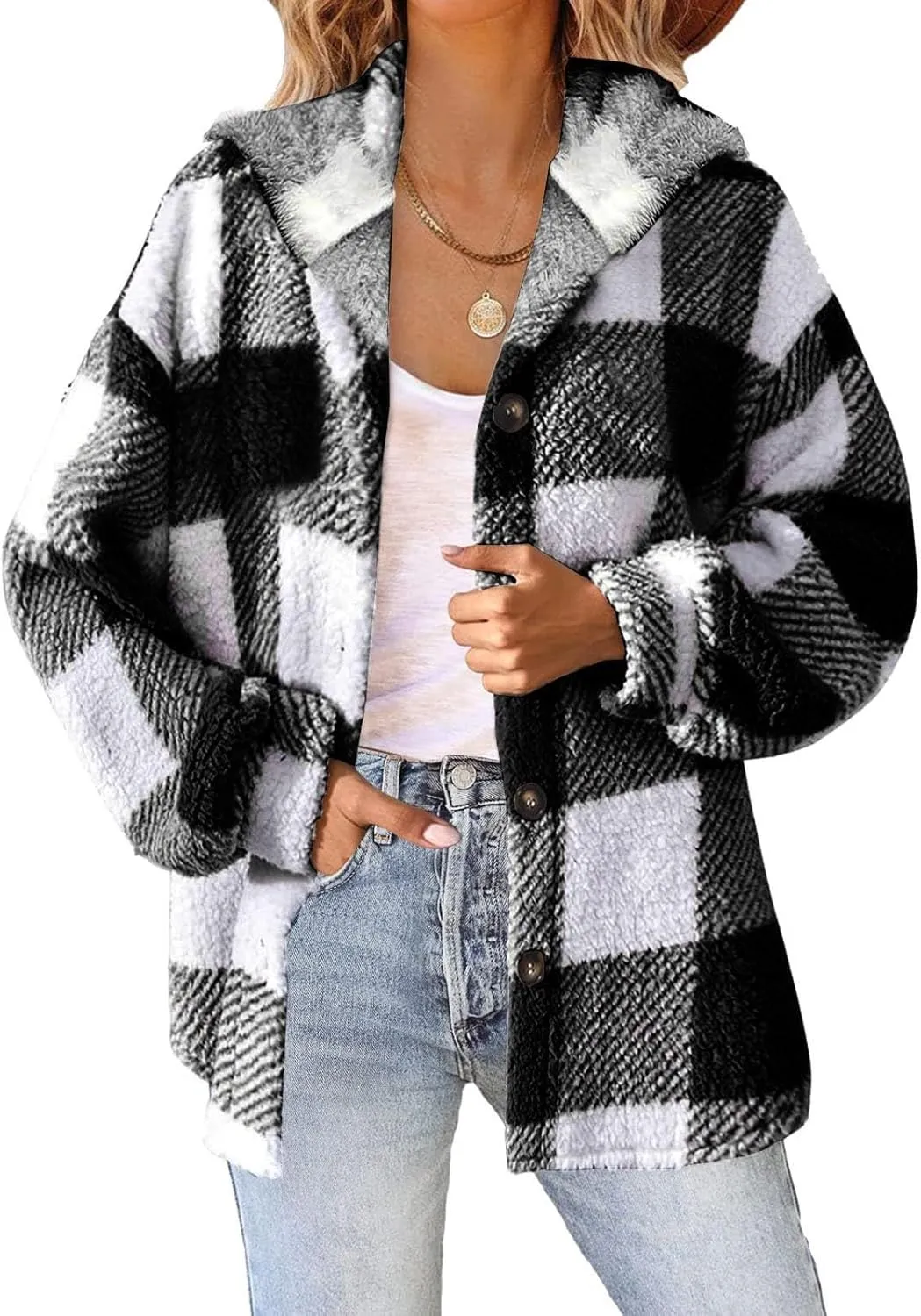 Plaid Flannel Jacket for Women Oversized Hoodie Button Down Lapel Collar Coats Fall Trendy Fleece Long Sleeve Blouses