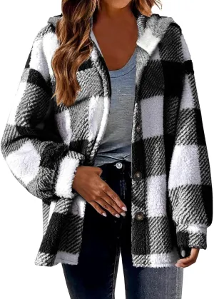 Plaid Flannel Jacket for Women Oversized Hoodie Button Down Lapel Collar Coats Fall Trendy Fleece Long Sleeve Blouses