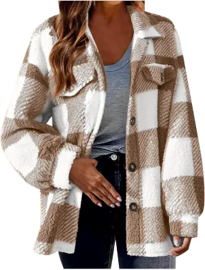 Plaid Flannel Jacket for Women Oversized Hoodie Button Down Lapel Collar Coats Fall Trendy Fleece Long Sleeve Blouses