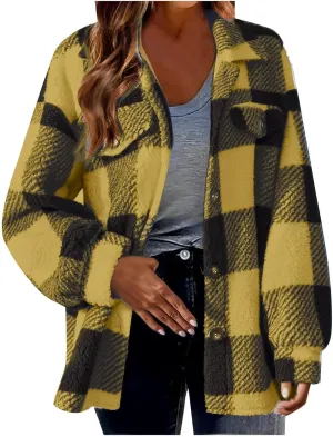 Plaid Flannel Jacket for Women Oversized Hoodie Button Down Lapel Collar Coats Fall Trendy Fleece Long Sleeve Blouses