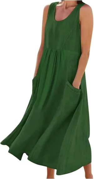 Plus Size Summer Dresses for Women 2025 Casual Plain Sleeveless Linen Tank Dress Beach Sun Dresses with Pockets