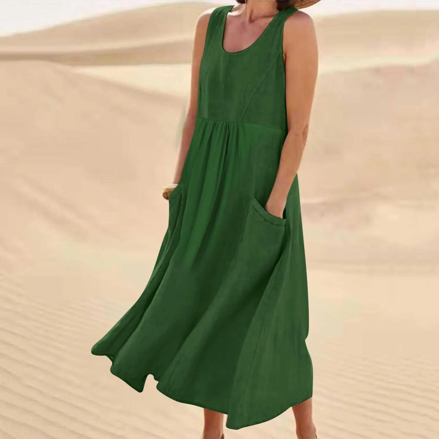Plus Size Summer Dresses for Women 2025 Casual Plain Sleeveless Linen Tank Dress Beach Sun Dresses with Pockets