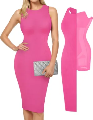 Popilush Midi Dresses for Women - Summer Bodycon Shapewear Sleeveless Crew Neck Dress Causal Party Club Outfits