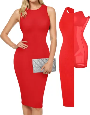 Popilush Midi Dresses for Women - Summer Bodycon Shapewear Sleeveless Crew Neck Dress Causal Party Club Outfits