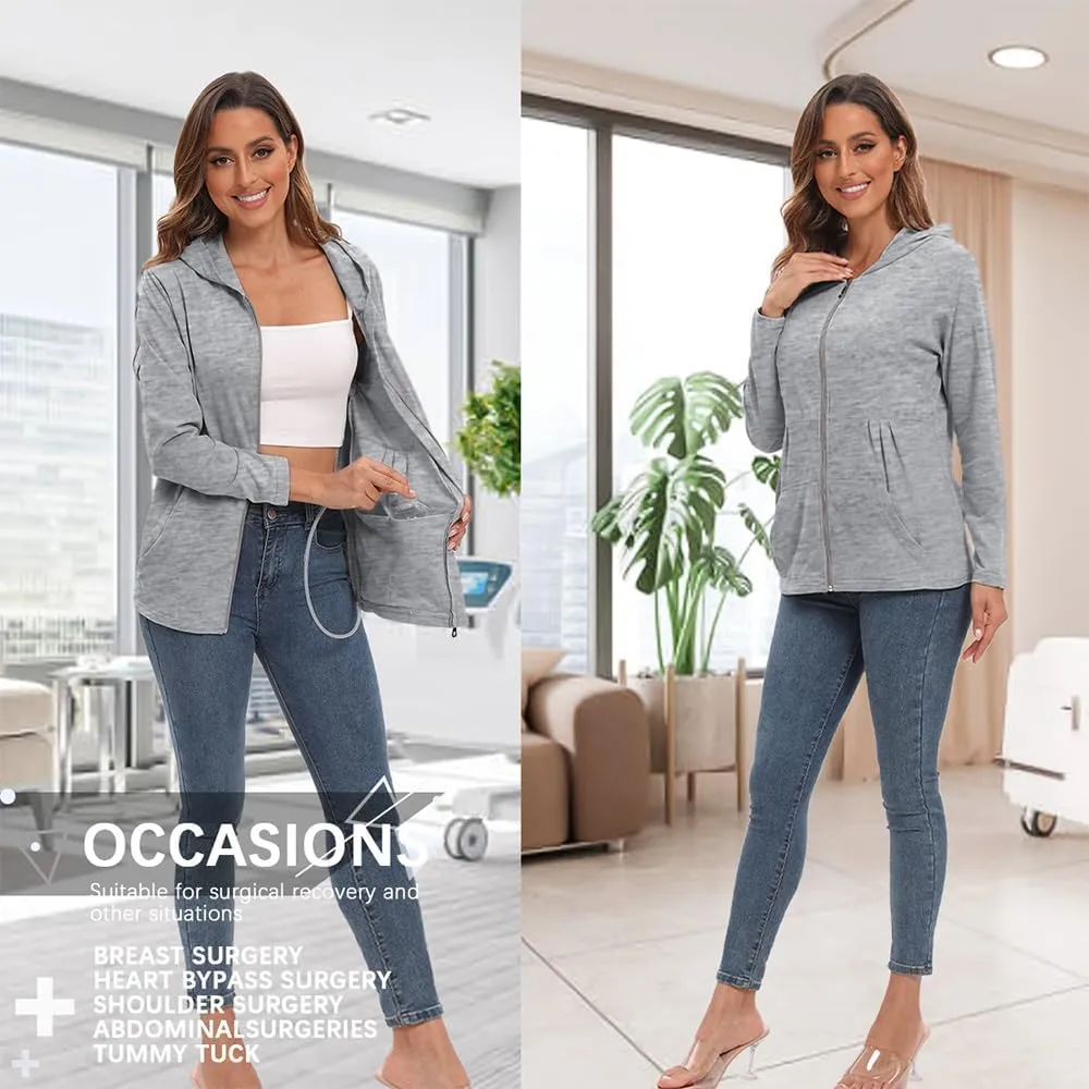 Post Mastectomy Shirts with Drain Pockets Breast Mastectomy Recovery Must Haves Soft Long Sleeve Zip Up Shirts Clothing