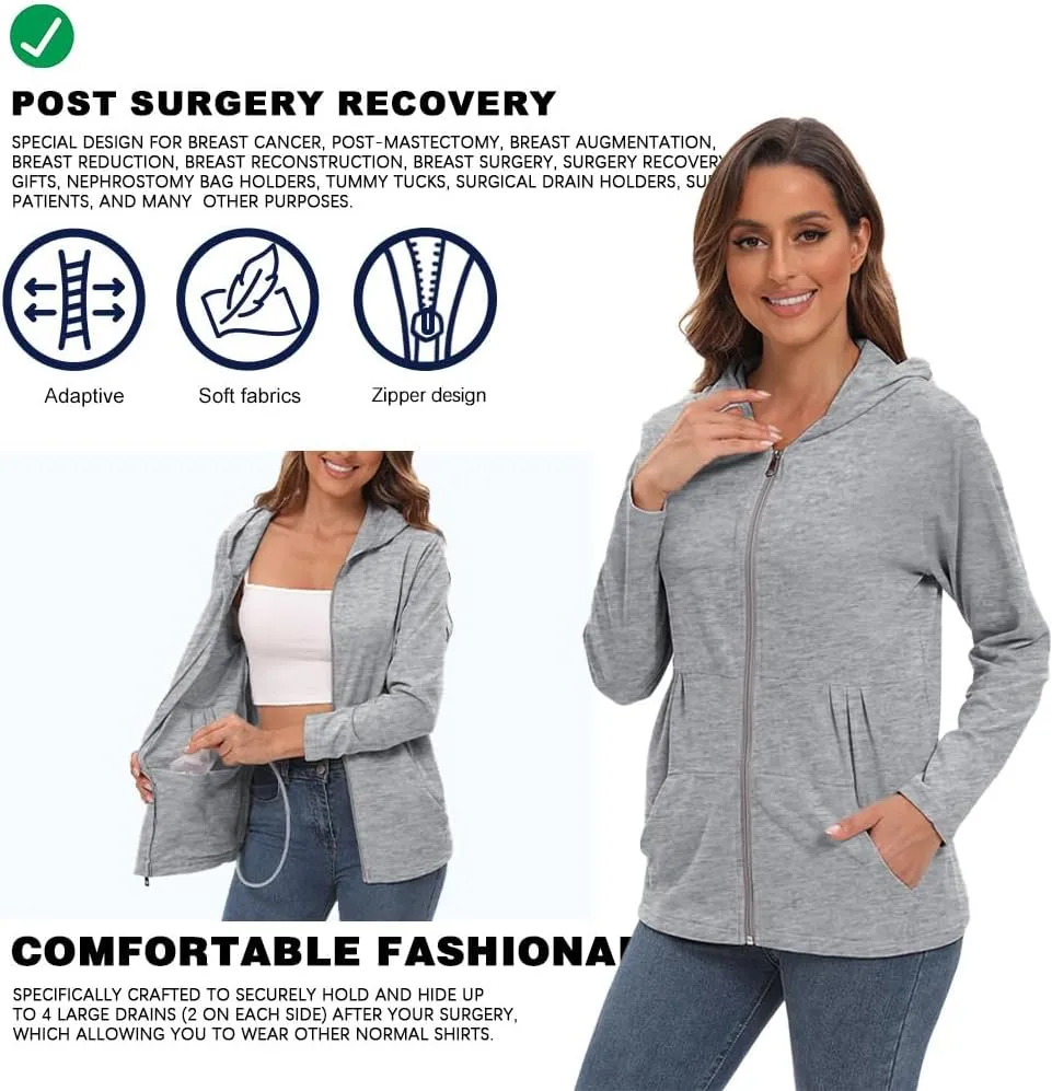 Post Mastectomy Shirts with Drain Pockets Breast Mastectomy Recovery Must Haves Soft Long Sleeve Zip Up Shirts Clothing