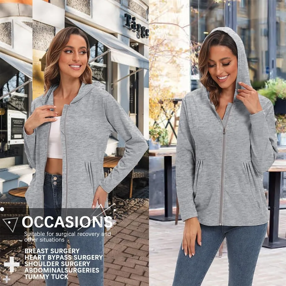 Post Mastectomy Shirts with Drain Pockets Breast Mastectomy Recovery Must Haves Soft Long Sleeve Zip Up Shirts Clothing