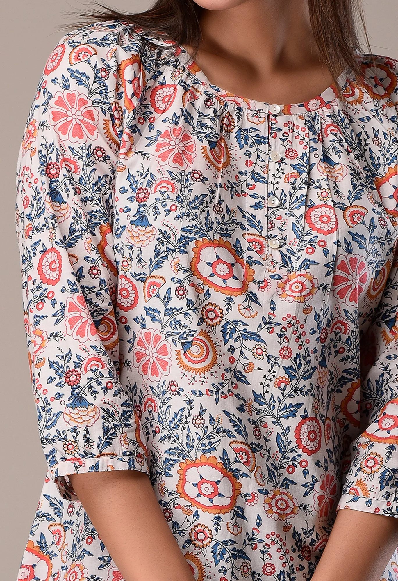 Raglan Sleeve Cotton Printed Top White