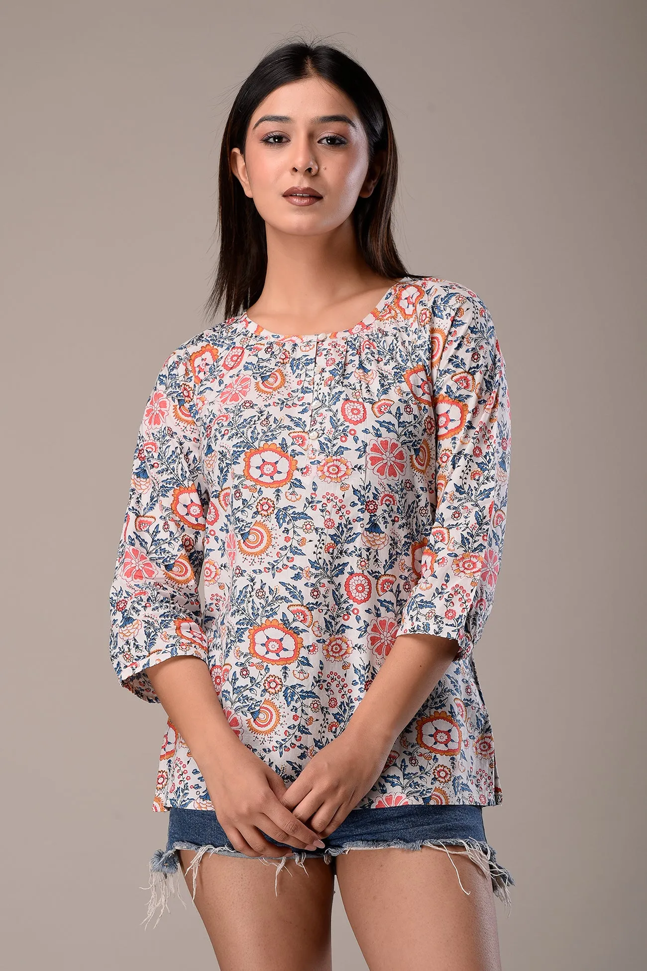 Raglan Sleeve Cotton Printed Top White