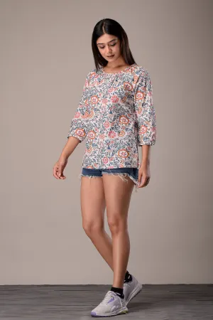 Raglan Sleeve Cotton Printed Top White