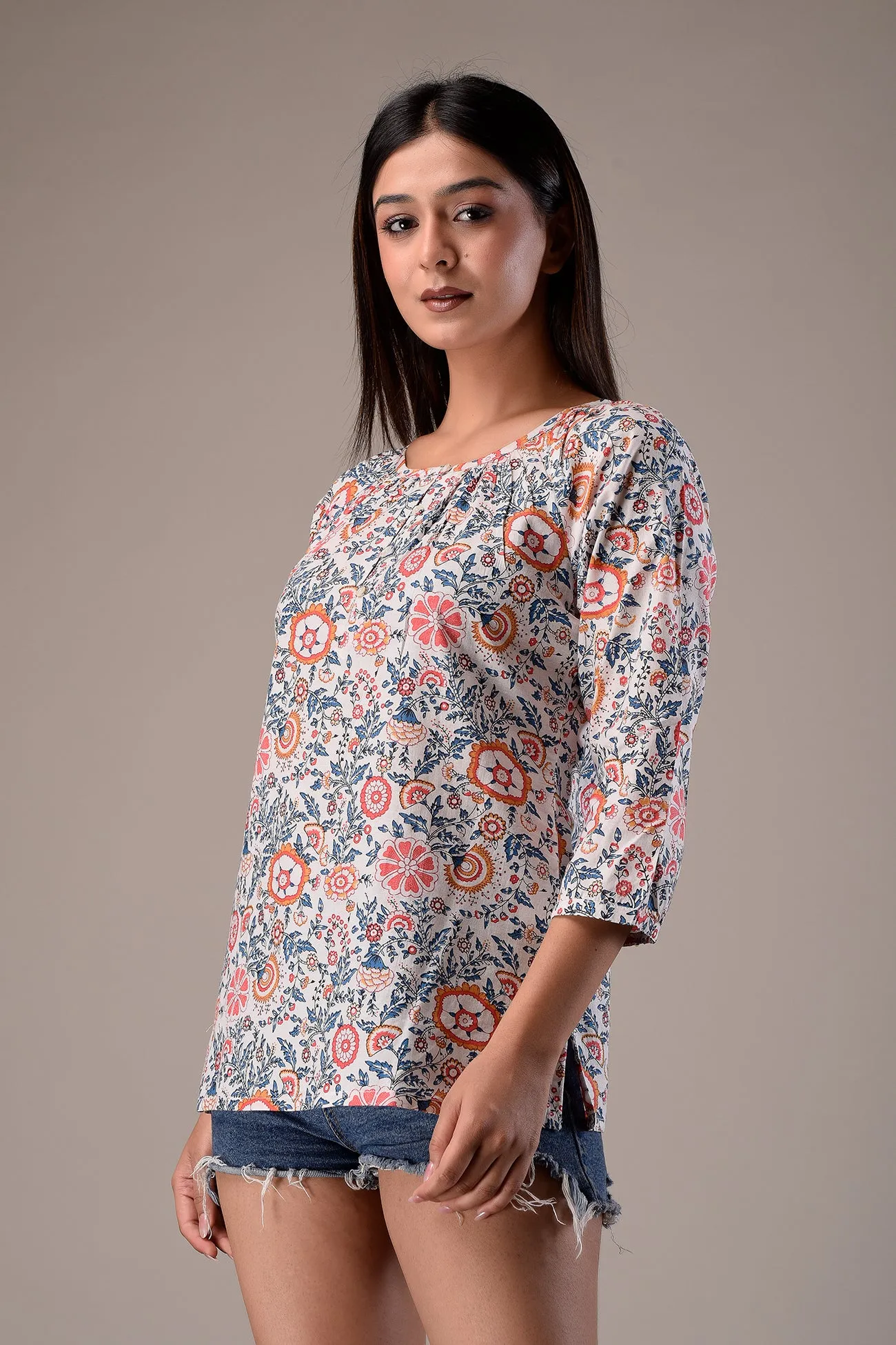 Raglan Sleeve Cotton Printed Top White