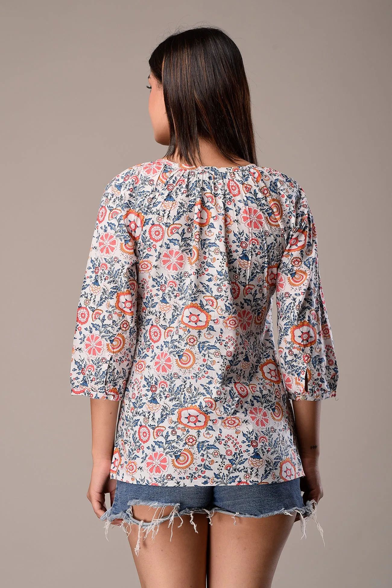 Raglan Sleeve Cotton Printed Top White