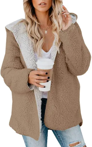 ReachMe Womens Sherpa Jacket Oversized Fleece Jacket Teddy Coats with Pockets Open Front Hooded Fuzzy Cardigan