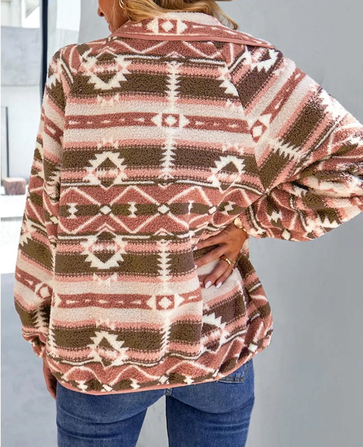 SELINK Womens Fleece Jacket Western Aztec Print Long Sleeve Snap Button Down Shacket Jackets with Pockets