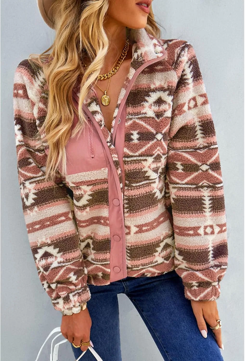 SELINK Womens Fleece Jacket Western Aztec Print Long Sleeve Snap Button Down Shacket Jackets with Pockets
