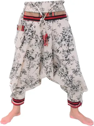 Siamrose Japanese Style Samurai Yoga Ninja Harem Pants Men Women Lounge Trousers, One Size, Elastic Waist (Beige Printed)