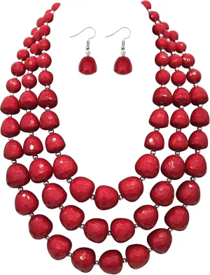 Statement Chunky Multi Strand Colorful Beaded Necklace For Women Fashion Costume Jewelry Earring Set Bold African Acrylic Large Strawberry Bead 3 Layered Bib Collar Choker