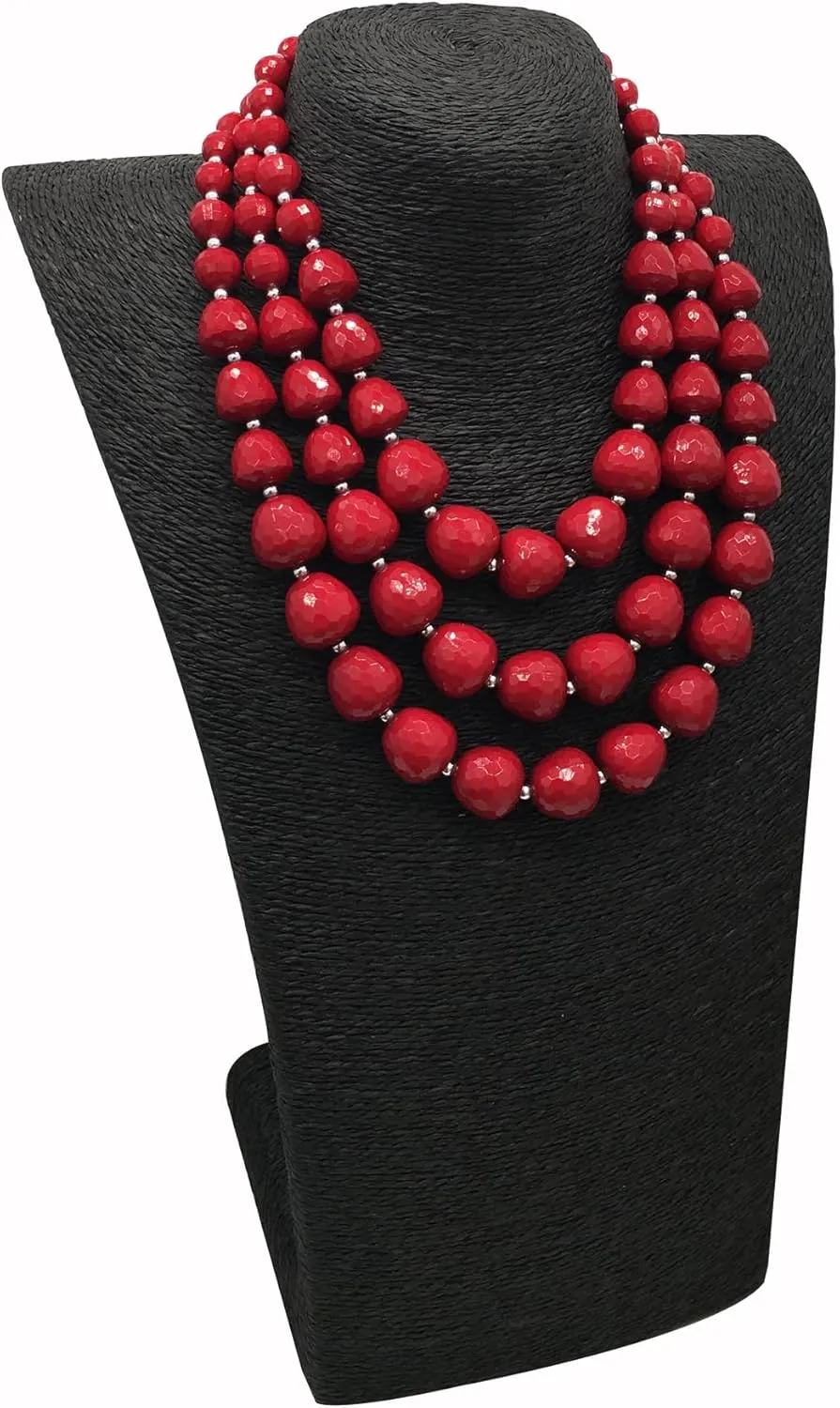 Statement Chunky Multi Strand Colorful Beaded Necklace For Women Fashion Costume Jewelry Earring Set Bold African Acrylic Large Strawberry Bead 3 Layered Bib Collar Choker