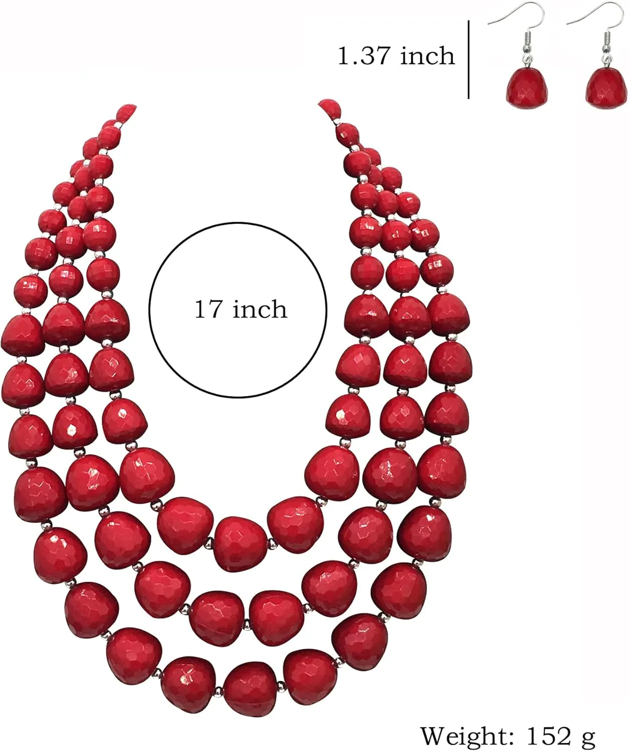 Statement Chunky Multi Strand Colorful Beaded Necklace For Women Fashion Costume Jewelry Earring Set Bold African Acrylic Large Strawberry Bead 3 Layered Bib Collar Choker