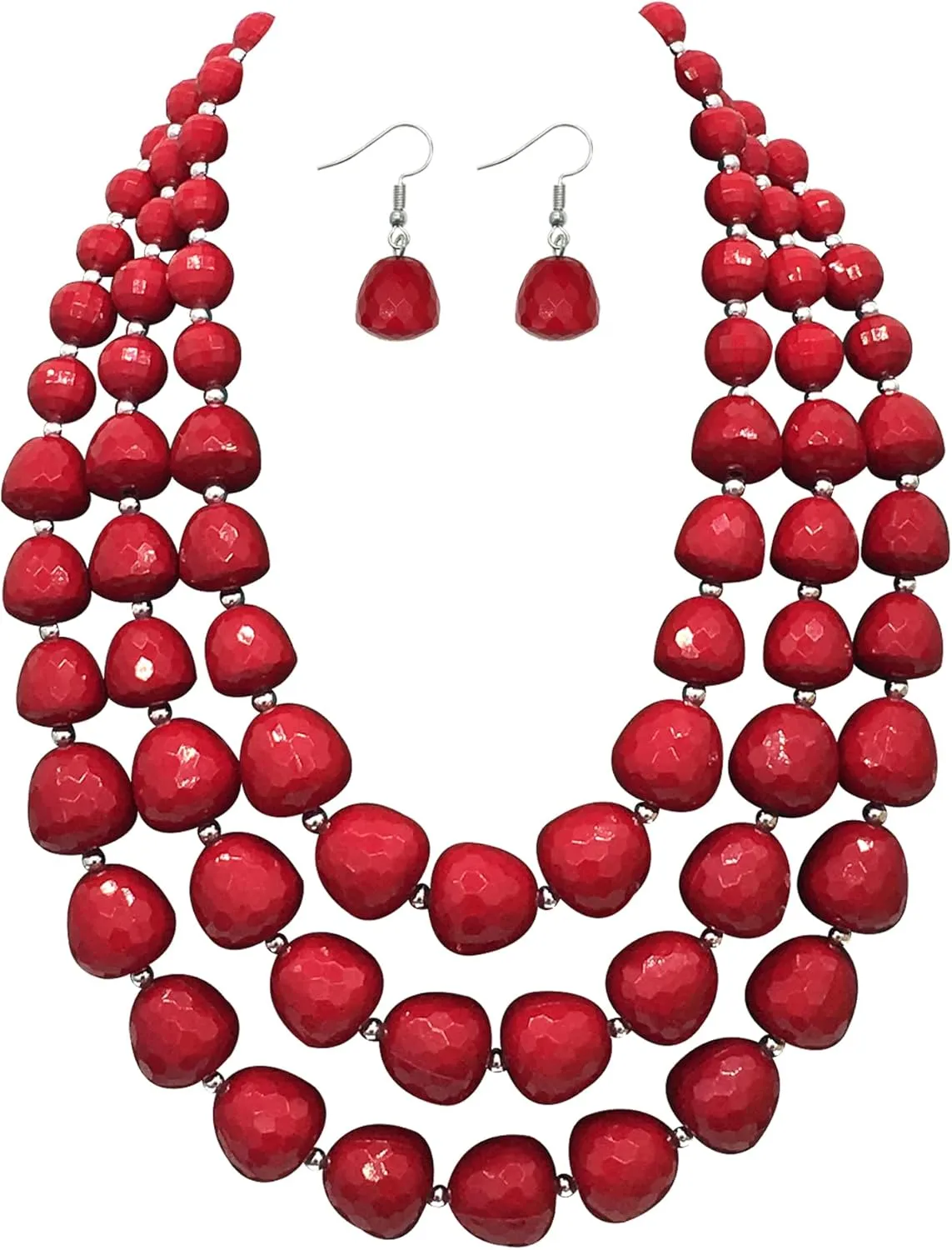 Statement Chunky Multi Strand Colorful Beaded Necklace For Women Fashion Costume Jewelry Earring Set Bold African Acrylic Large Strawberry Bead 3 Layered Bib Collar Choker
