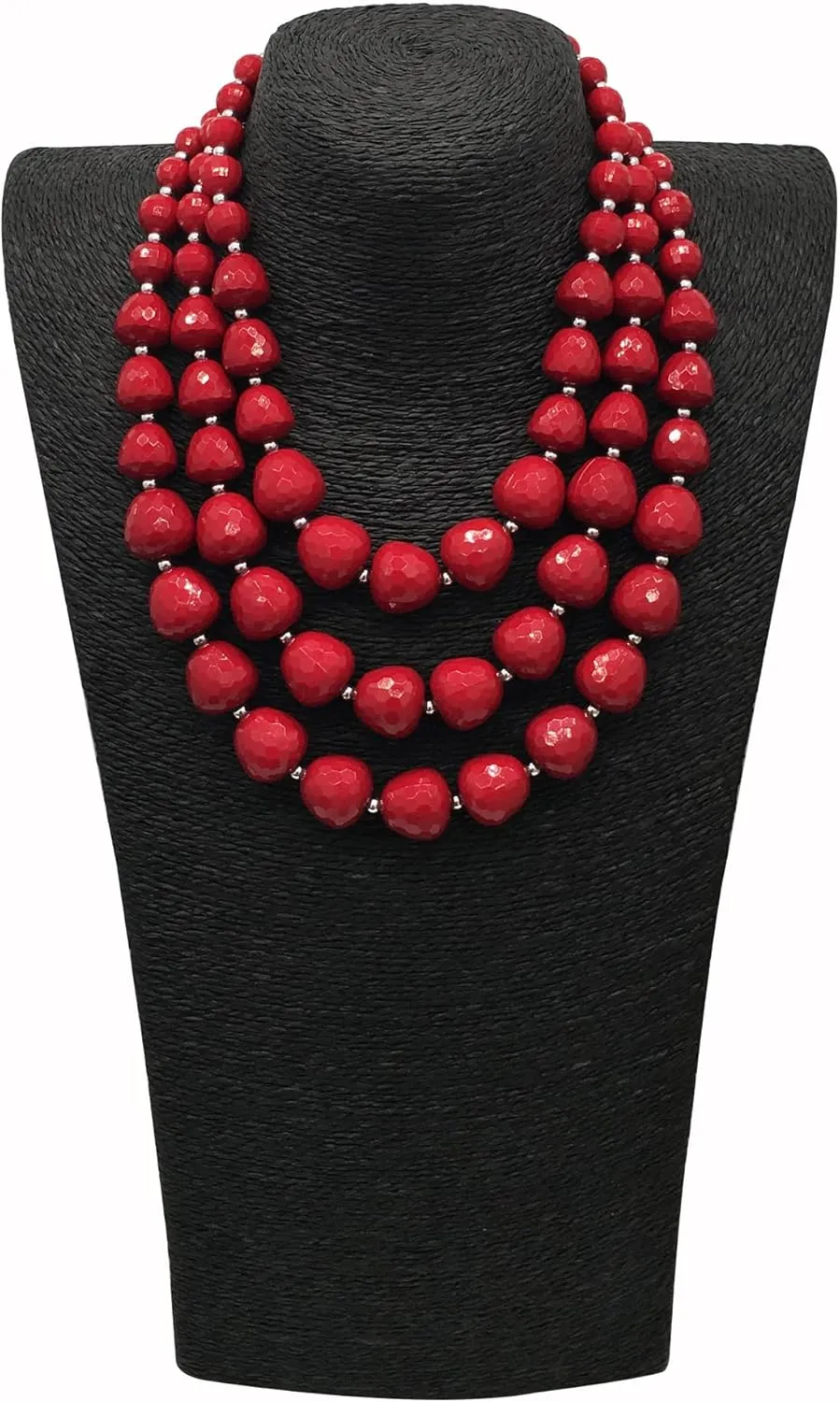 Statement Chunky Multi Strand Colorful Beaded Necklace For Women Fashion Costume Jewelry Earring Set Bold African Acrylic Large Strawberry Bead 3 Layered Bib Collar Choker