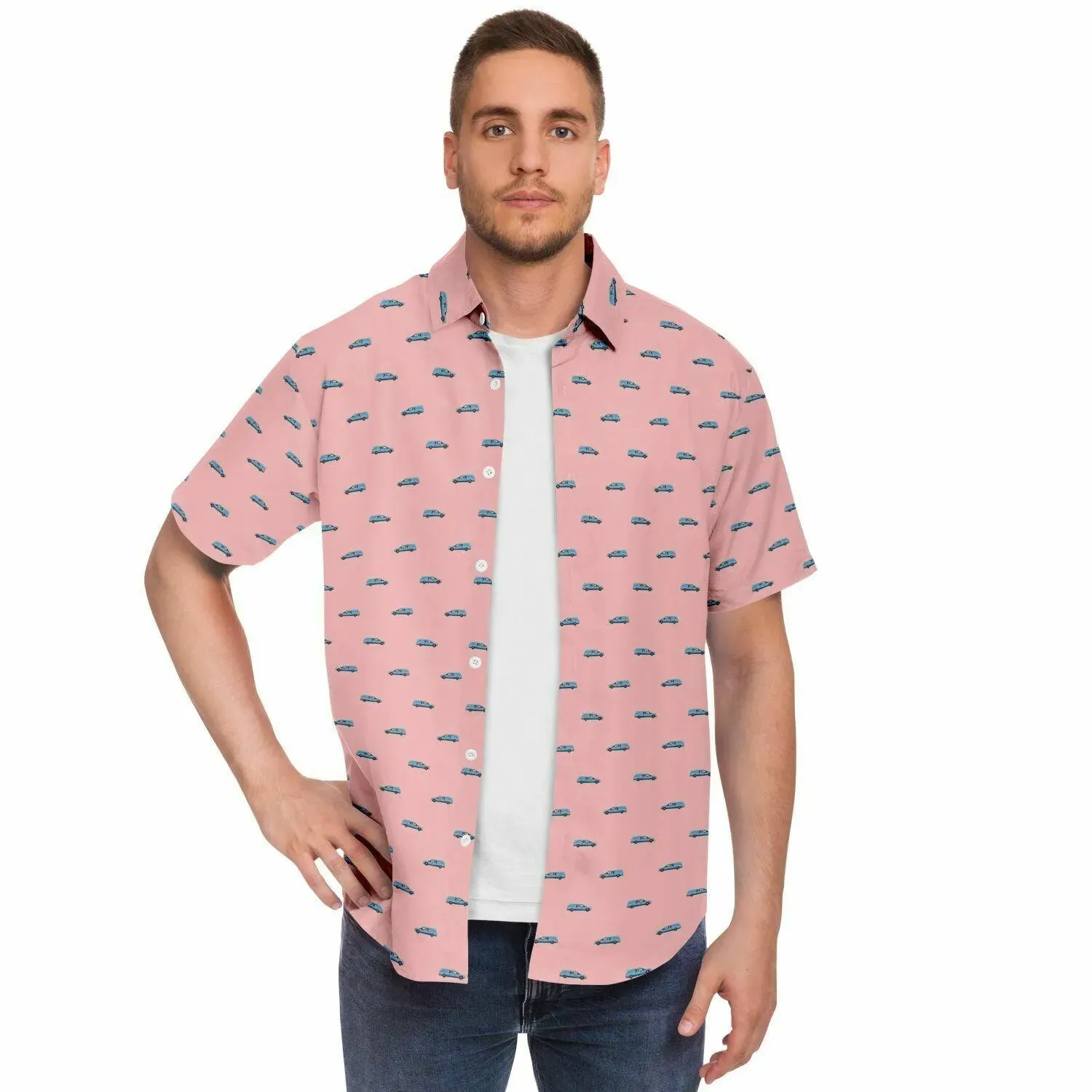 Subtle-Tee Light Blue Hearse on Pink