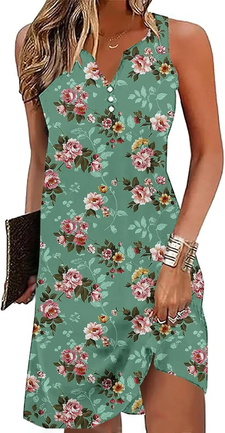 Summer Dresses for Women 2025 Beach Vacation Midi Dress Sleeveless V Neck Floral Sundress Boho Resort Wear