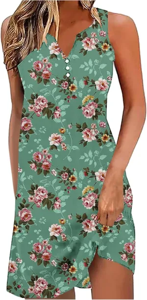 Summer Dresses for Women 2025 Beach Vacation Midi Dress Sleeveless V Neck Floral Sundress Boho Resort Wear