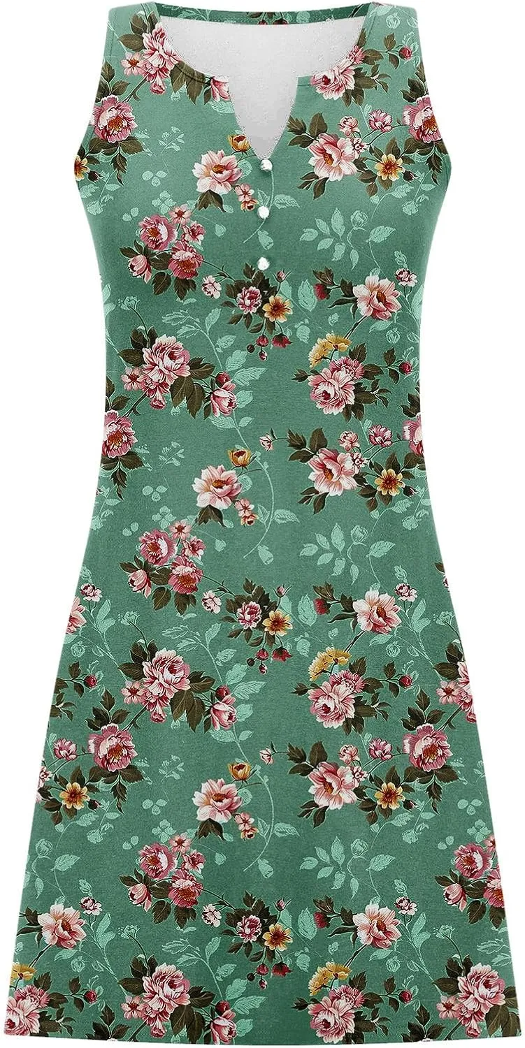 Summer Dresses for Women 2025 Beach Vacation Midi Dress Sleeveless V Neck Floral Sundress Boho Resort Wear