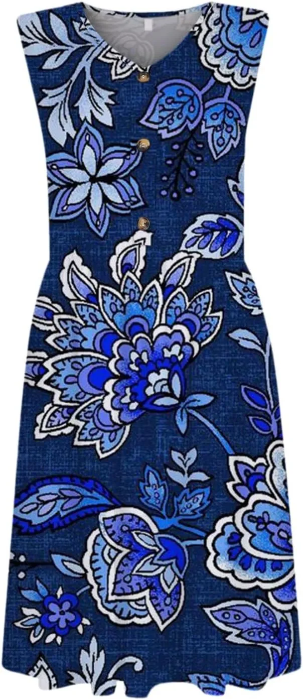 Summer Floral Midi Dress for Women Loose U Neck Casual Sleeveless 2025 Beach Floral Print Sundresses Dress with Pockets