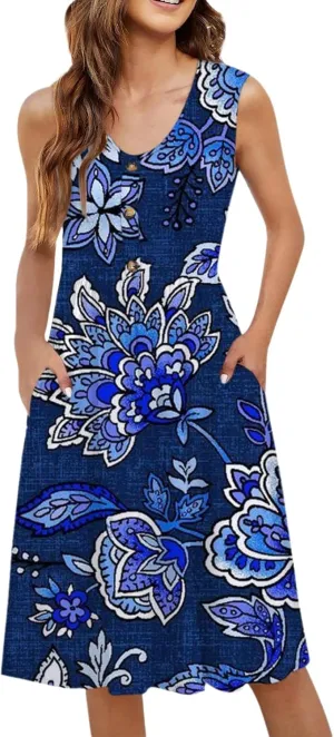 Summer Floral Midi Dress for Women Loose U Neck Casual Sleeveless 2025 Beach Floral Print Sundresses Dress with Pockets
