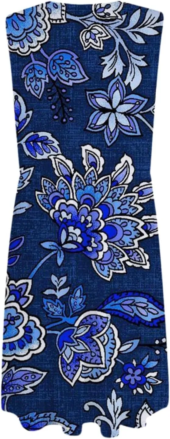 Summer Floral Midi Dress for Women Loose U Neck Casual Sleeveless 2025 Beach Floral Print Sundresses Dress with Pockets