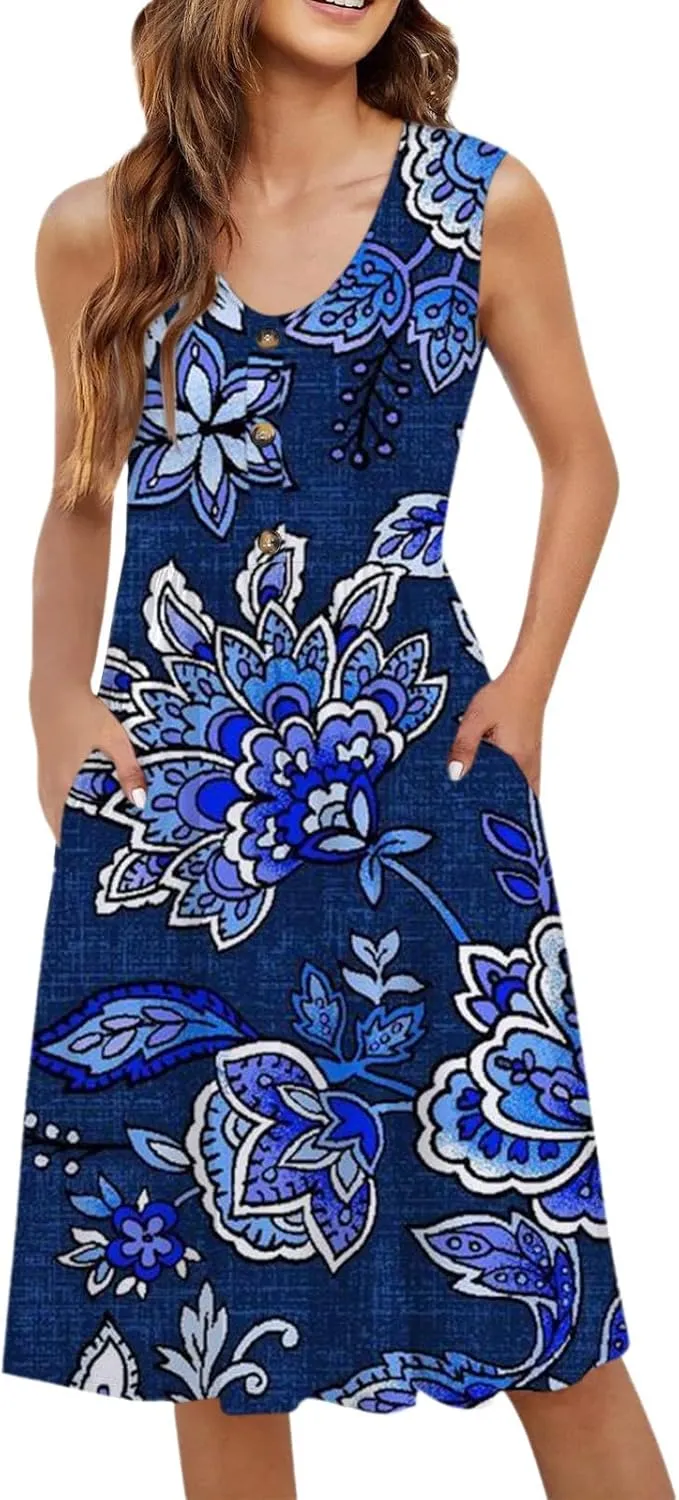 Summer Floral Midi Dress for Women Loose U Neck Casual Sleeveless 2025 Beach Floral Print Sundresses Dress with Pockets