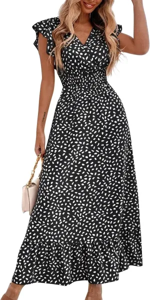 Summer Maxi Dresses for Women 2025 Floral Chiffon Dresses Ruffle Cap Sleeve V Neck Empire Waist Beach Vacation Dress