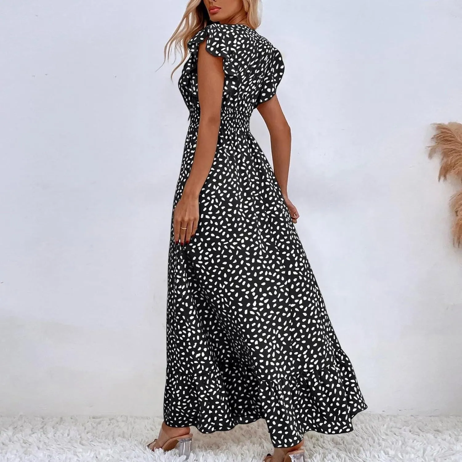 Summer Maxi Dresses for Women 2025 Floral Chiffon Dresses Ruffle Cap Sleeve V Neck Empire Waist Beach Vacation Dress