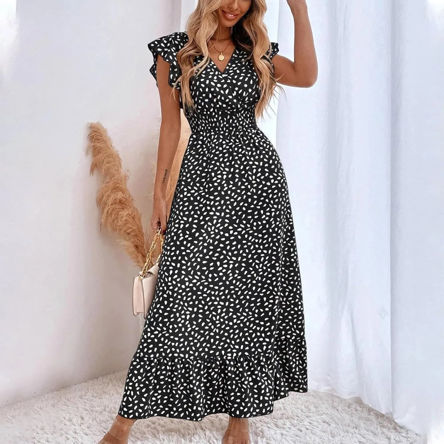 Summer Maxi Dresses for Women 2025 Floral Chiffon Dresses Ruffle Cap Sleeve V Neck Empire Waist Beach Vacation Dress