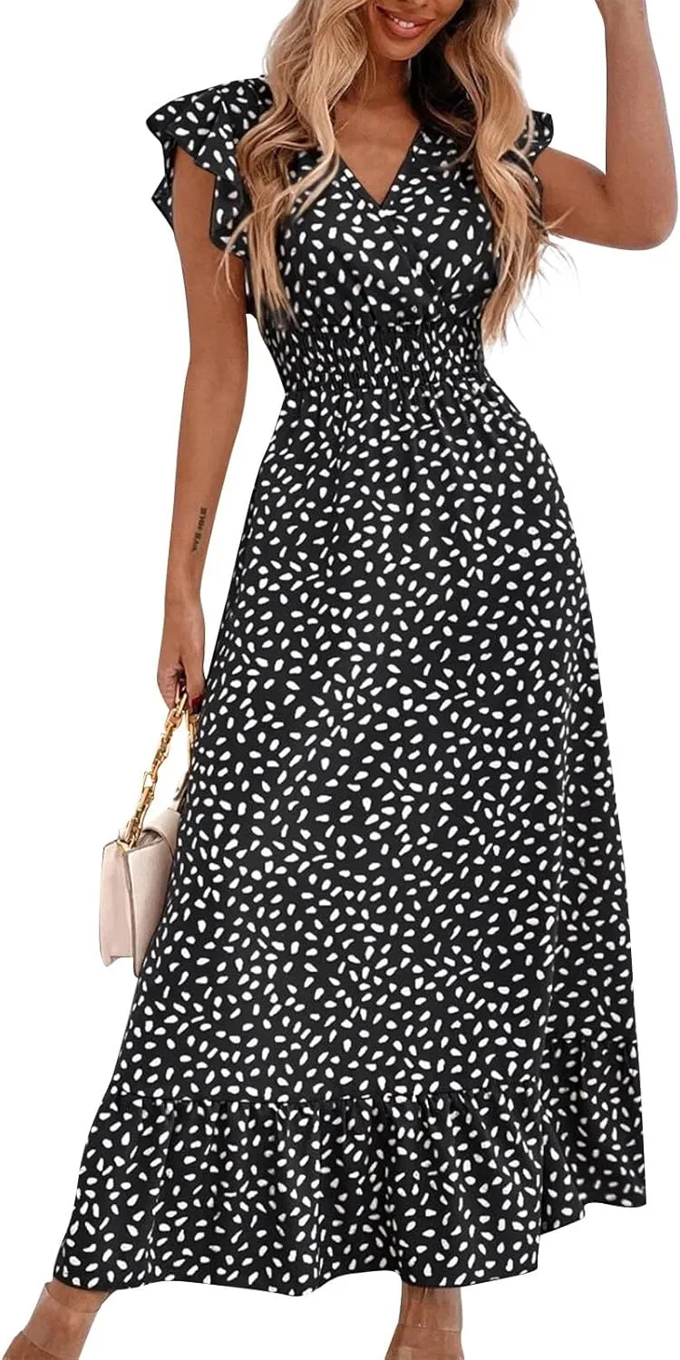 Summer Maxi Dresses for Women 2025 Floral Chiffon Dresses Ruffle Cap Sleeve V Neck Empire Waist Beach Vacation Dress