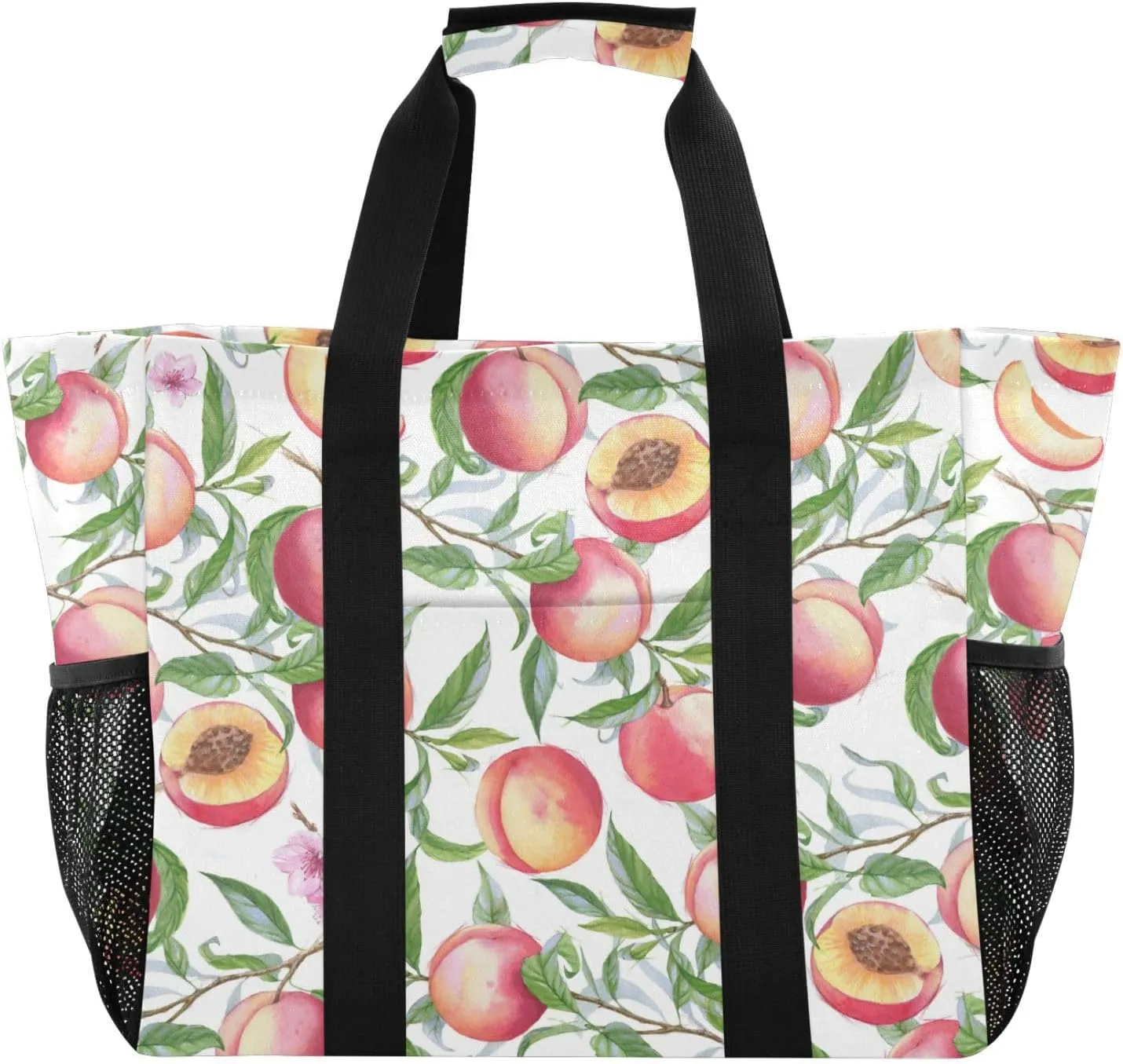 susiyo Fresh Peaches Fruits on Branch Reusable Grocery Tote Bag Collapsible Canvas Beach Bag Large Travel Bags for Hiking Trip Pool