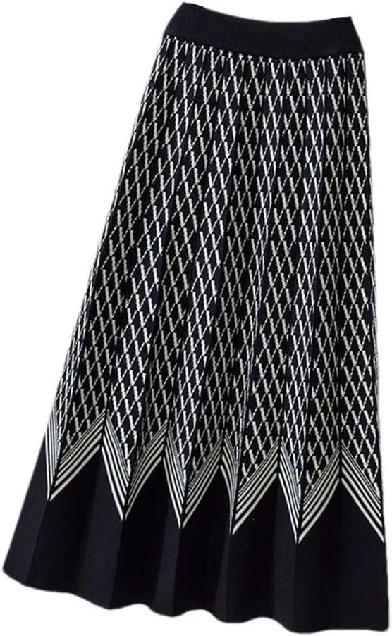 Thick Warm Knitted Long Skirt for Women Fall Winter Geometric A Line High Waist Pleated Midi Skirt