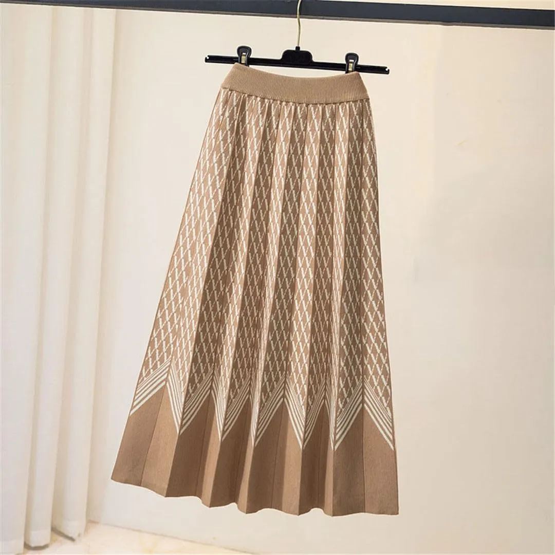 Thick Warm Knitted Long Skirt for Women Fall Winter Geometric A Line High Waist Pleated Midi Skirt
