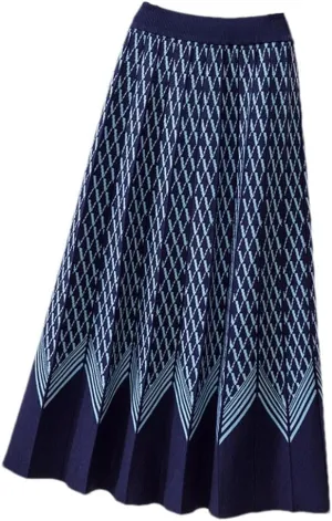 Thick Warm Knitted Long Skirt for Women Fall Winter Geometric A Line High Waist Pleated Midi Skirt