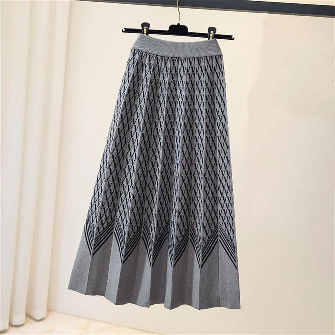 Thick Warm Knitted Long Skirt for Women Fall Winter Geometric A Line High Waist Pleated Midi Skirt